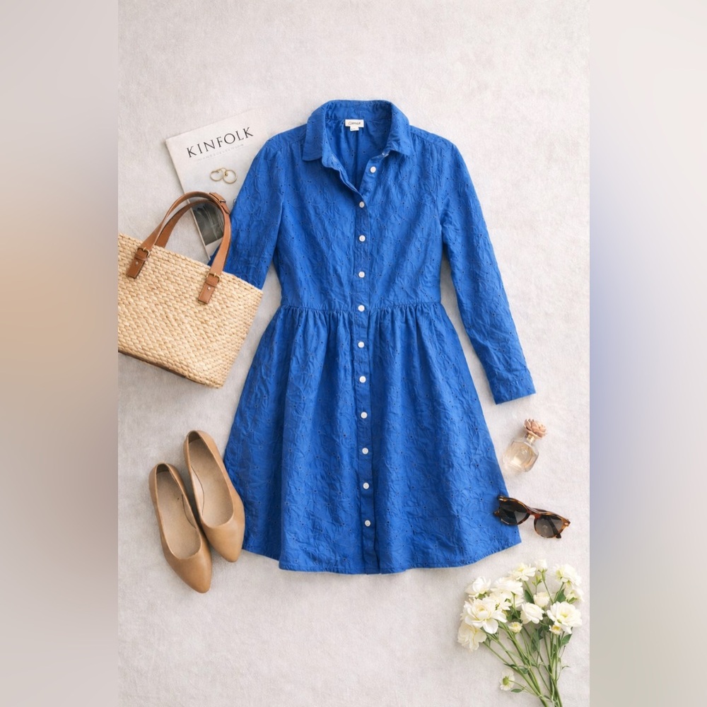 J. Crew 100% Cotton Eyelet Blue‎ Collared Dress Longsleeve